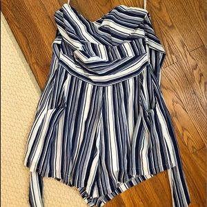 Blue and White stripped, strapless romper